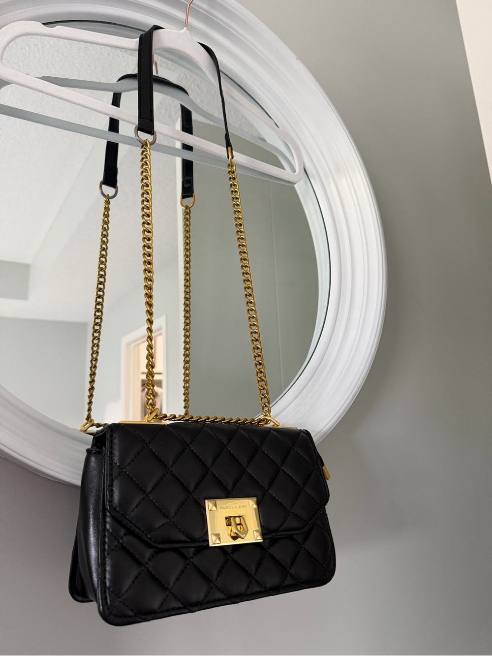 Charles & Keith Black Quilted Crossbody with Gold Chain